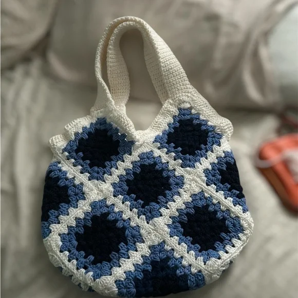 Handcrafted Crochet Tote Bag - Blue and White - Picture 2 of 3